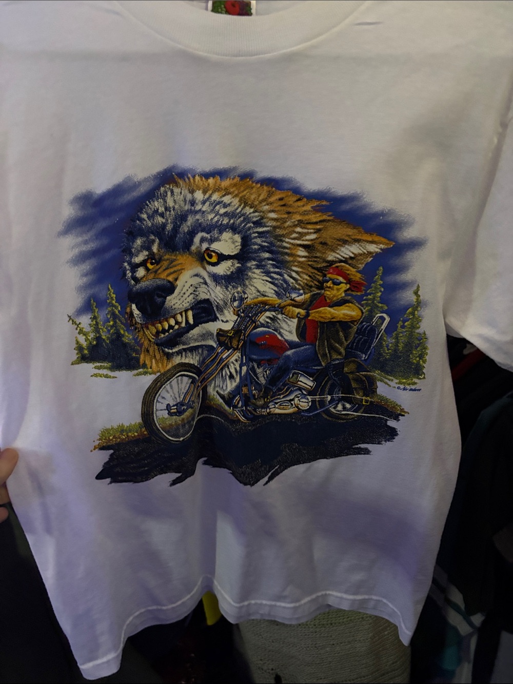 Fruit of the Loom White Tee with Wolf & Biker Graphic